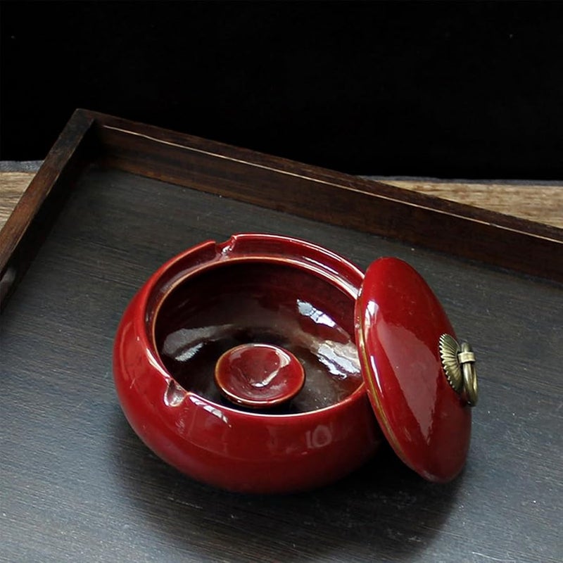 Red Ceramic Windproof Ashtray With Lid Portable Ash Holder For Indoor Outdoor Use - Image 3